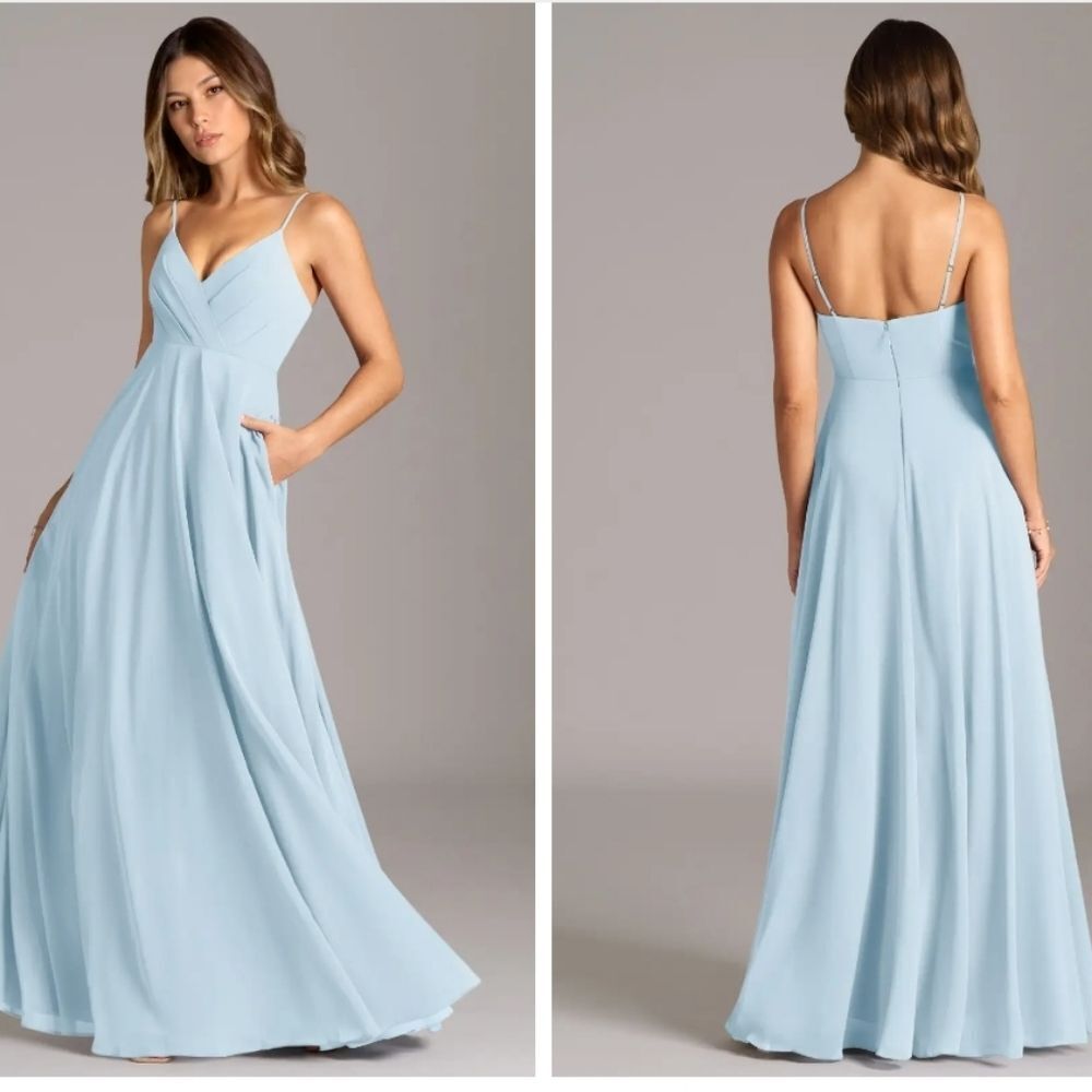 🩵Azazie Amani Ski Blue Maxi Dress with pockets Size A8
